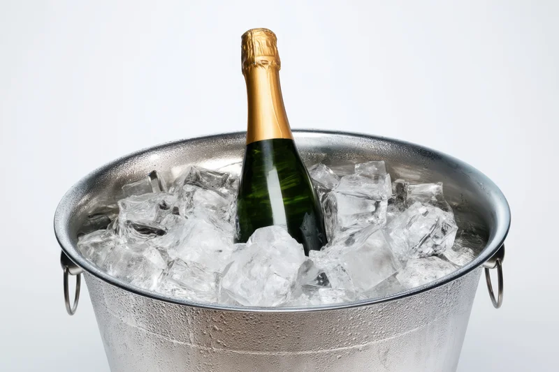 Champagne bottle chilling in a silver ice bucket filled with ice cubes