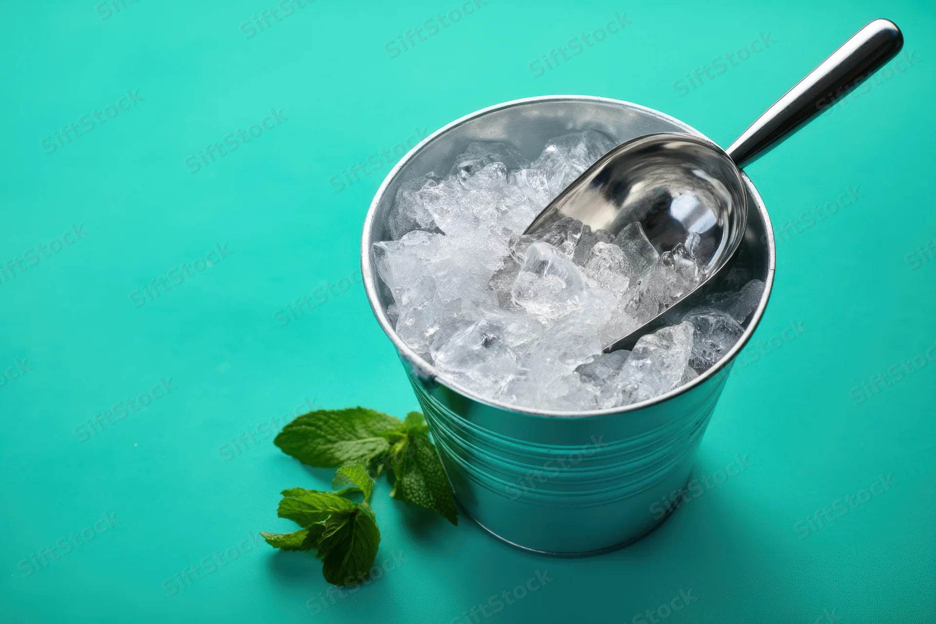 Silver metal bucket filled with crushed ice and a scoop, with mint leaves beside it on a teal background