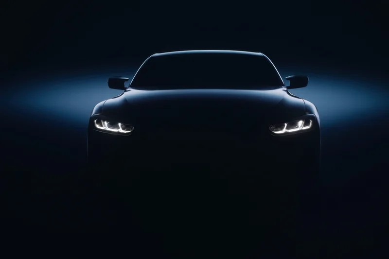 Sleek modern car front view in dark with illuminated headlights and blue ambient lighting