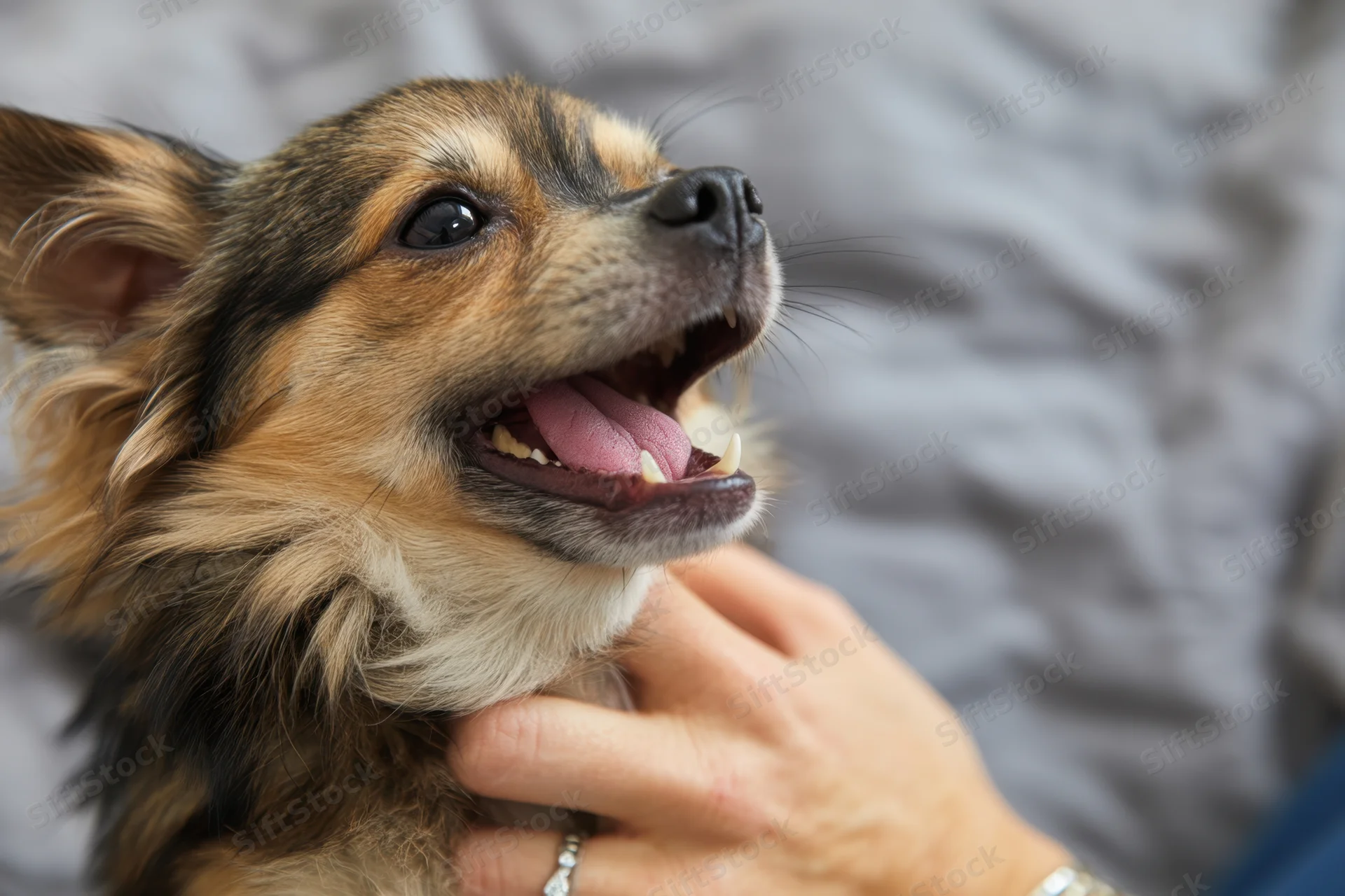 Small chihuahua with open mouth and bared teeth being held by a human hand