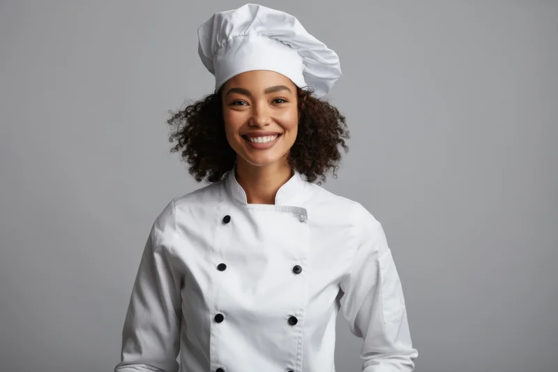 Smiling female chef in white uniform and hat posing in studio