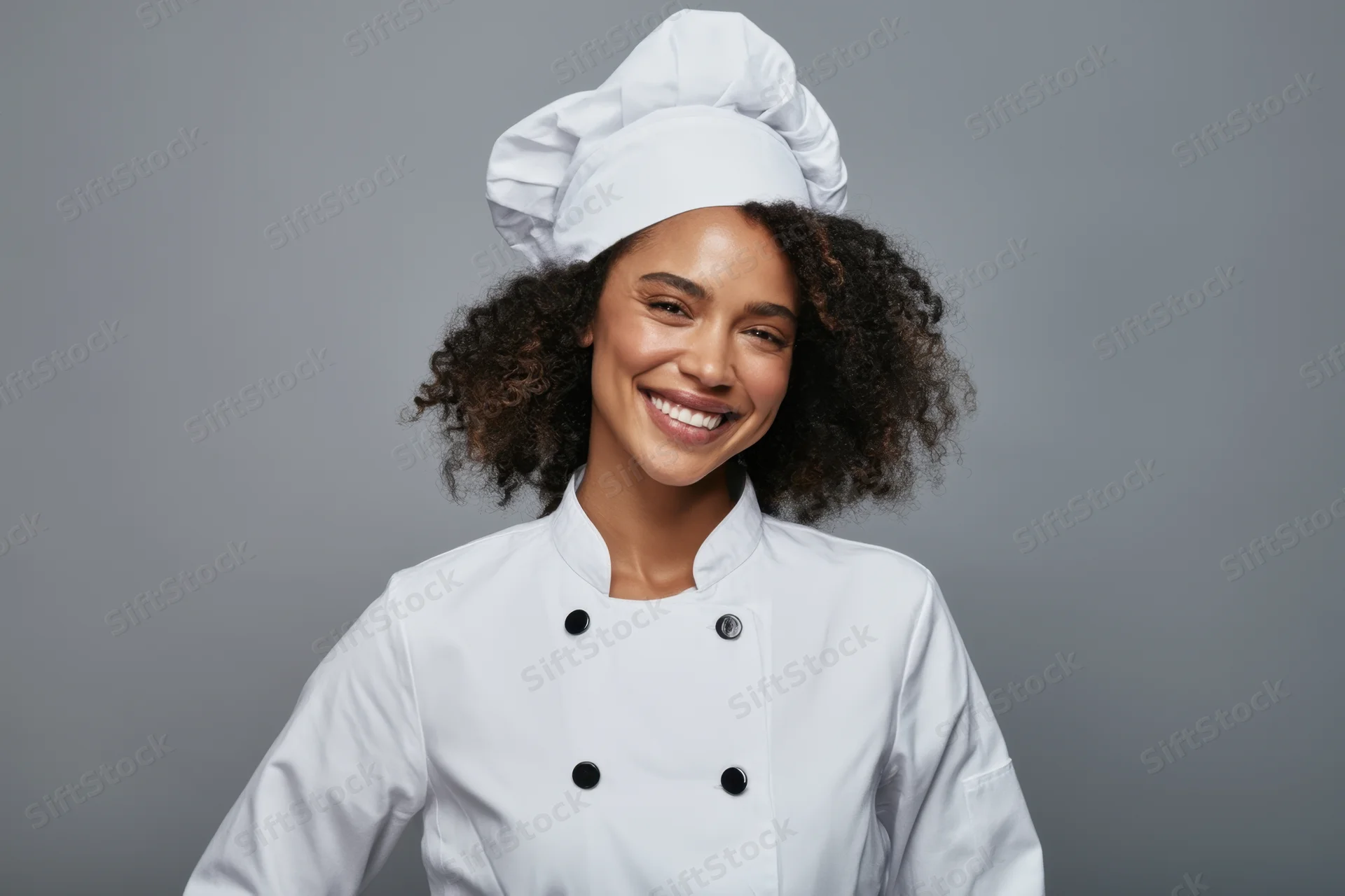 Smiling female chef in white uniform and hat posing in studio with gray background