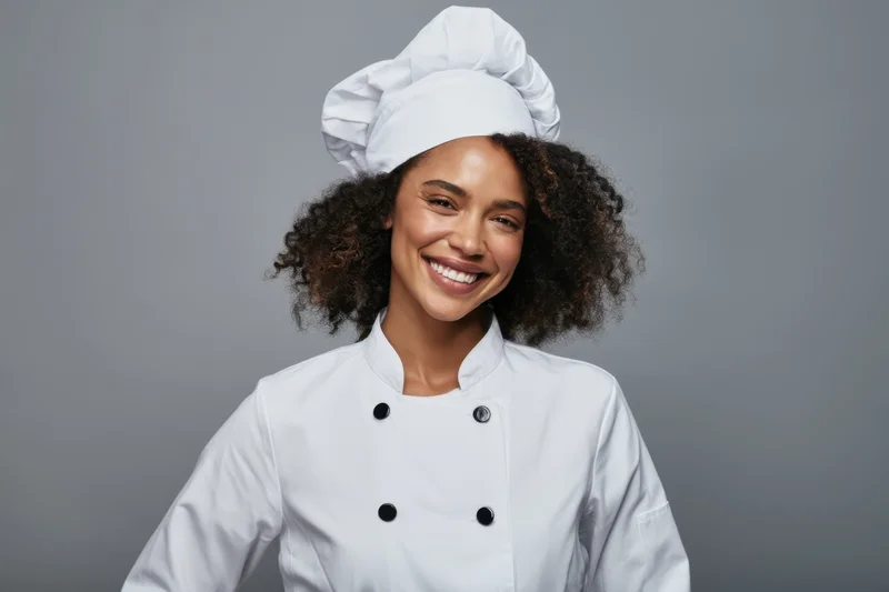 Smiling female chef in white uniform and hat posing in studio with gray background