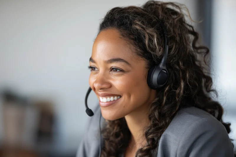 Smiling woman wearing headset while working in office environment