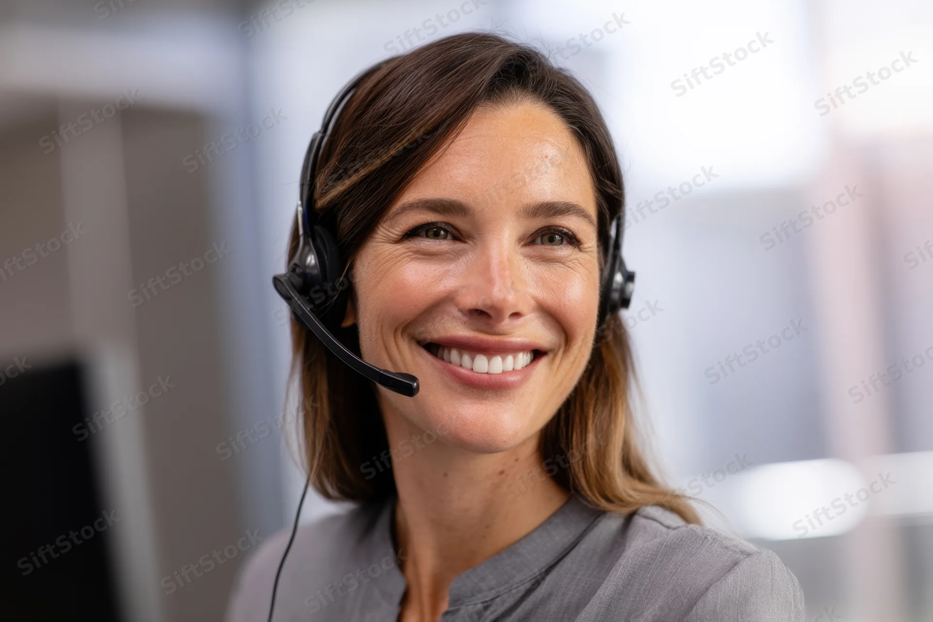 Smiling woman wearing headset while working in office environment
