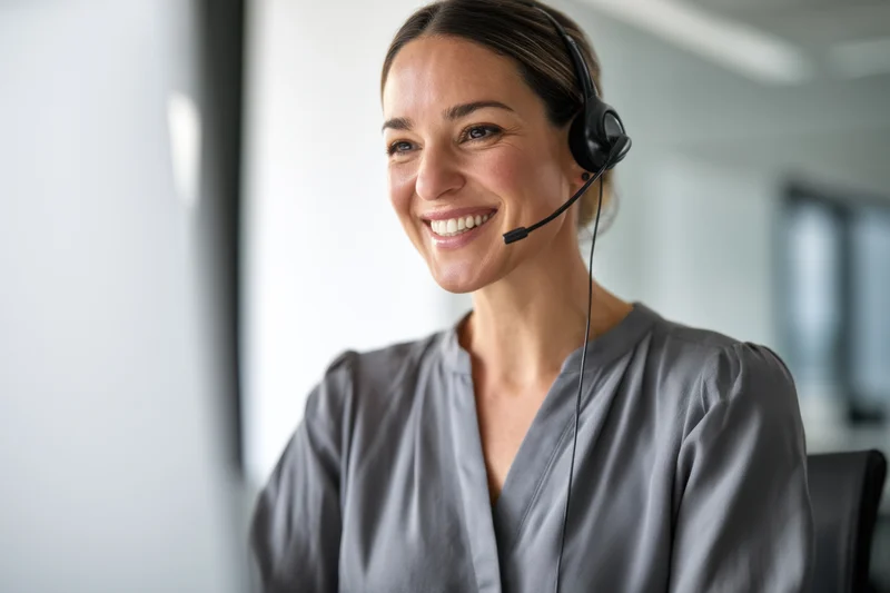 Smiling woman wearing headset while working in office environment