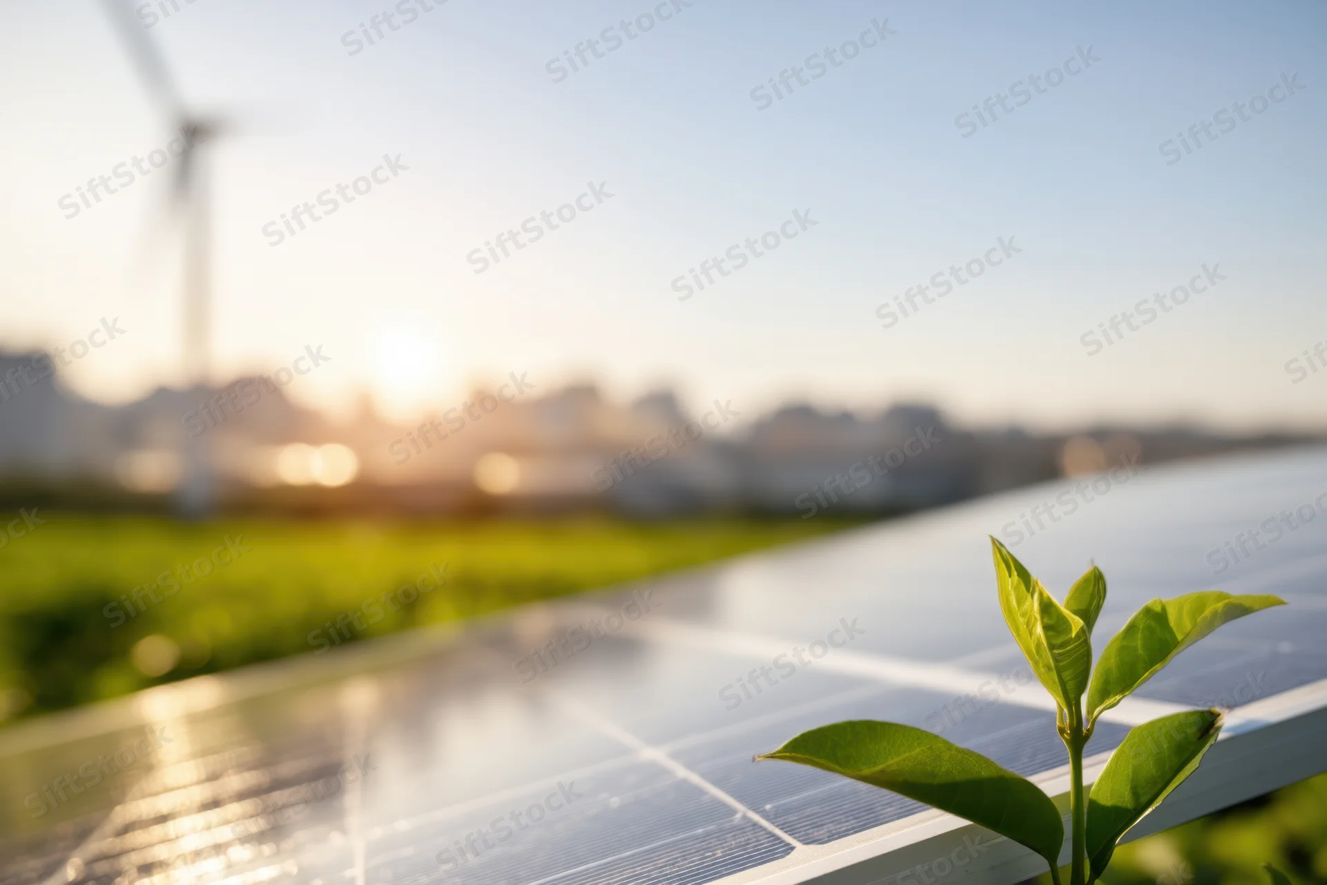 Young plant growing on solar panel array in green field with wind turbine in background at sunrise