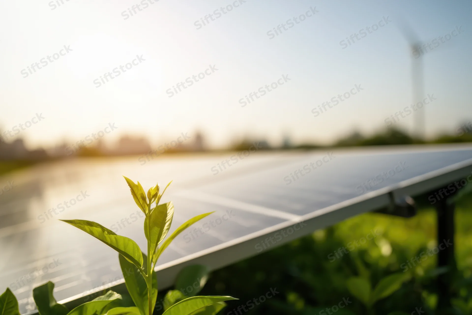 Solar panel array in a green field with a young plant in the foreground and a wind turbine in the distance