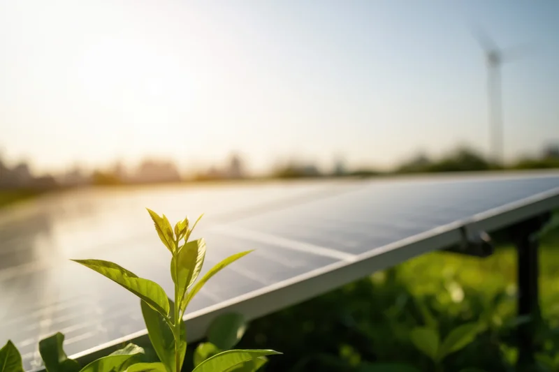 Solar panel array in a green field with a young plant in the foreground and a wind turbine in the distance