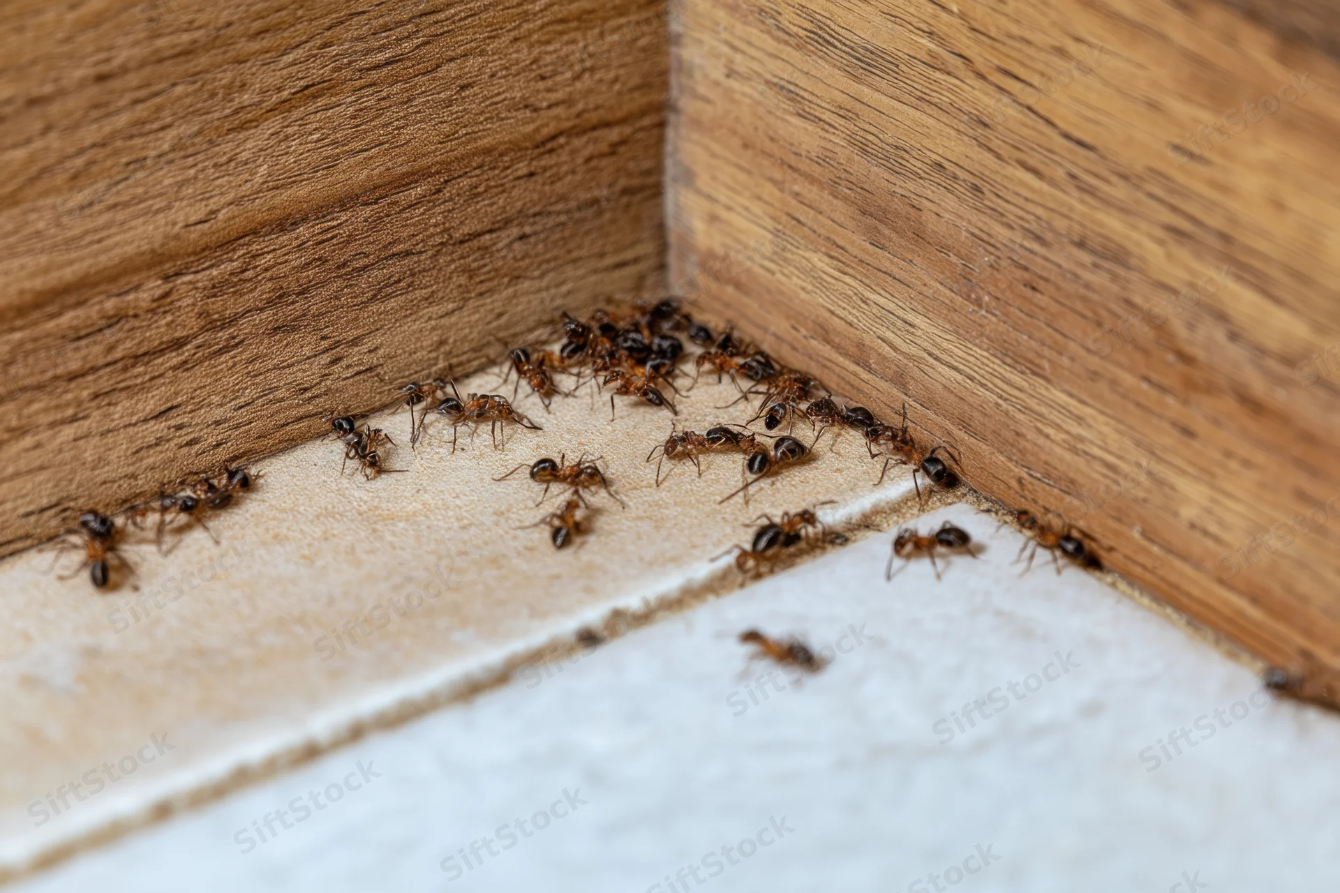 Swarm of ants crawling along wooden baseboard and tiled floor corner