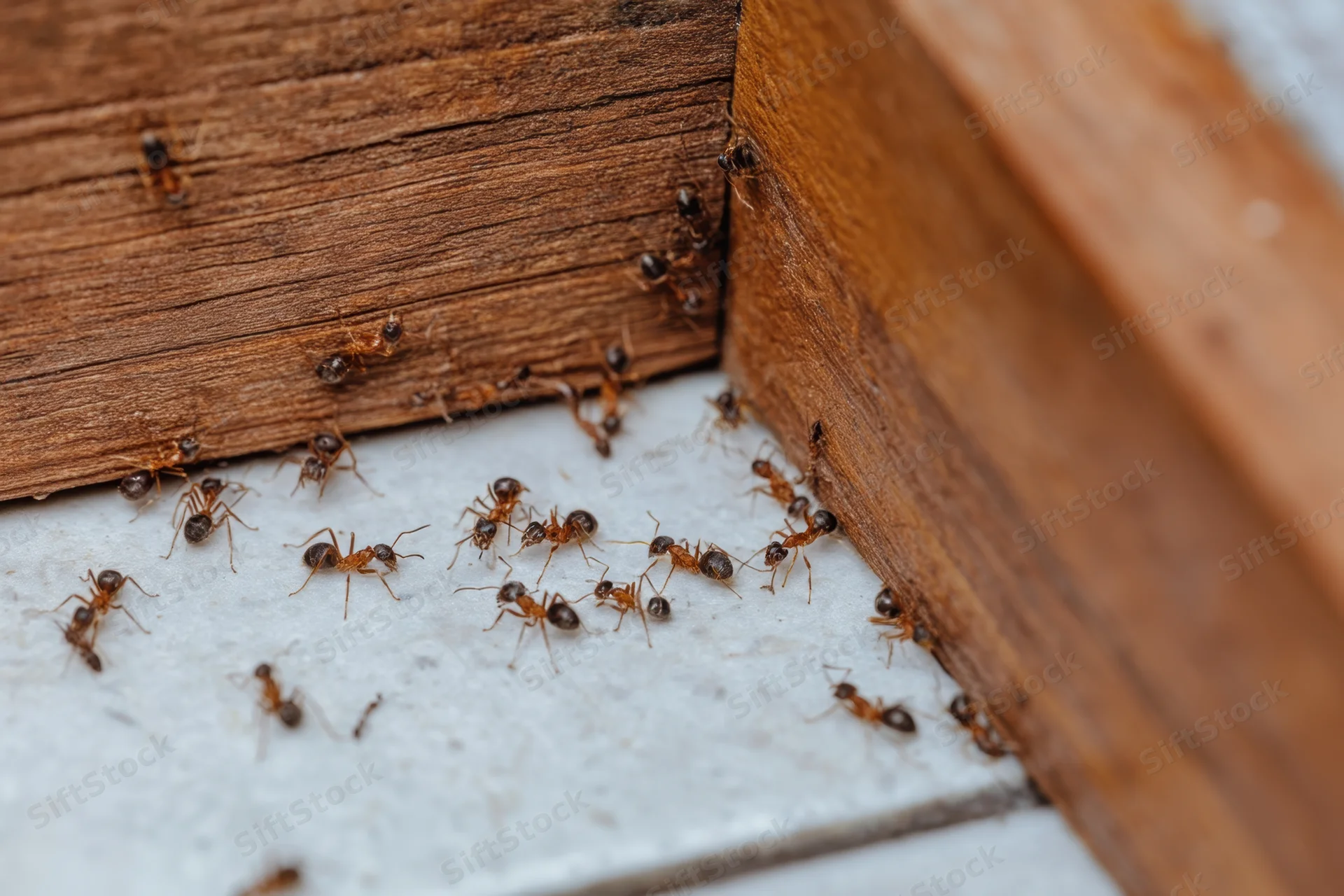 Swarm of ants crawling on wooden and tiled surface in corner
