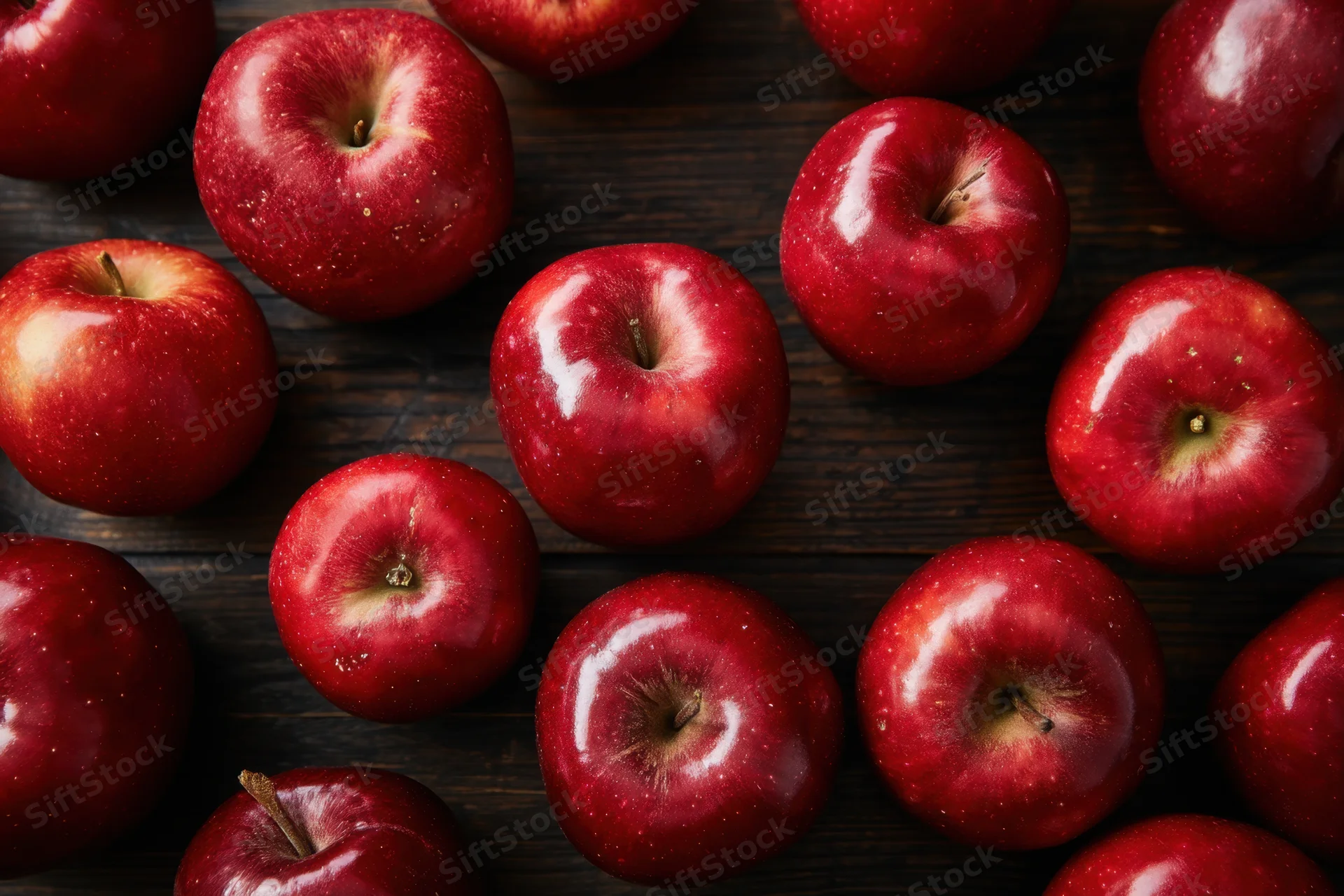 Red apples with shiny smooth skin arranged on dark wooden surface in top view closeup