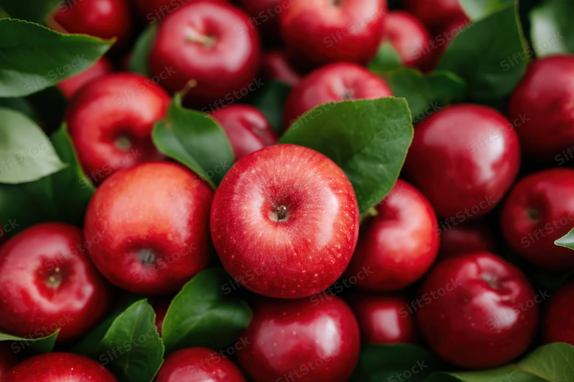 Freshly picked red apples arranged with green leaves in a vibrant closeup
