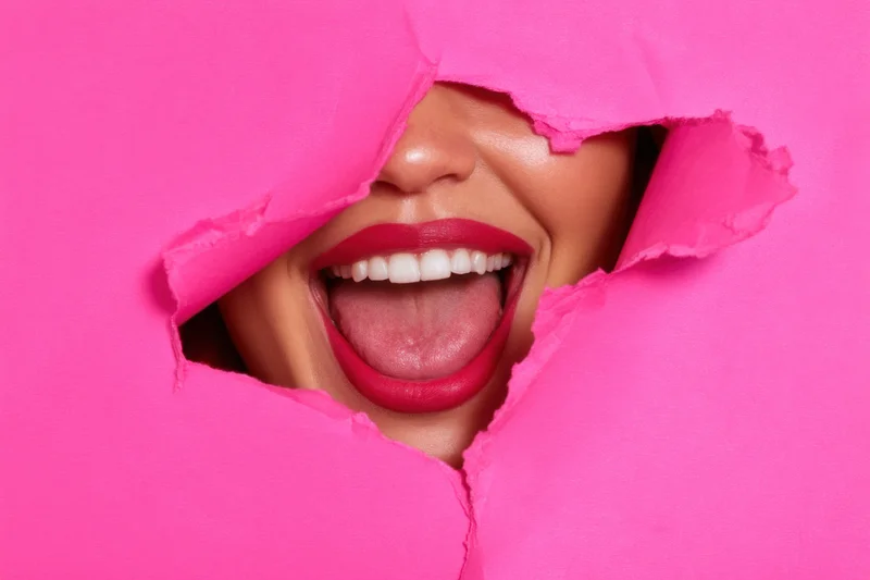 Woman laughing with red lips and tongue visible through a torn pink paper hole