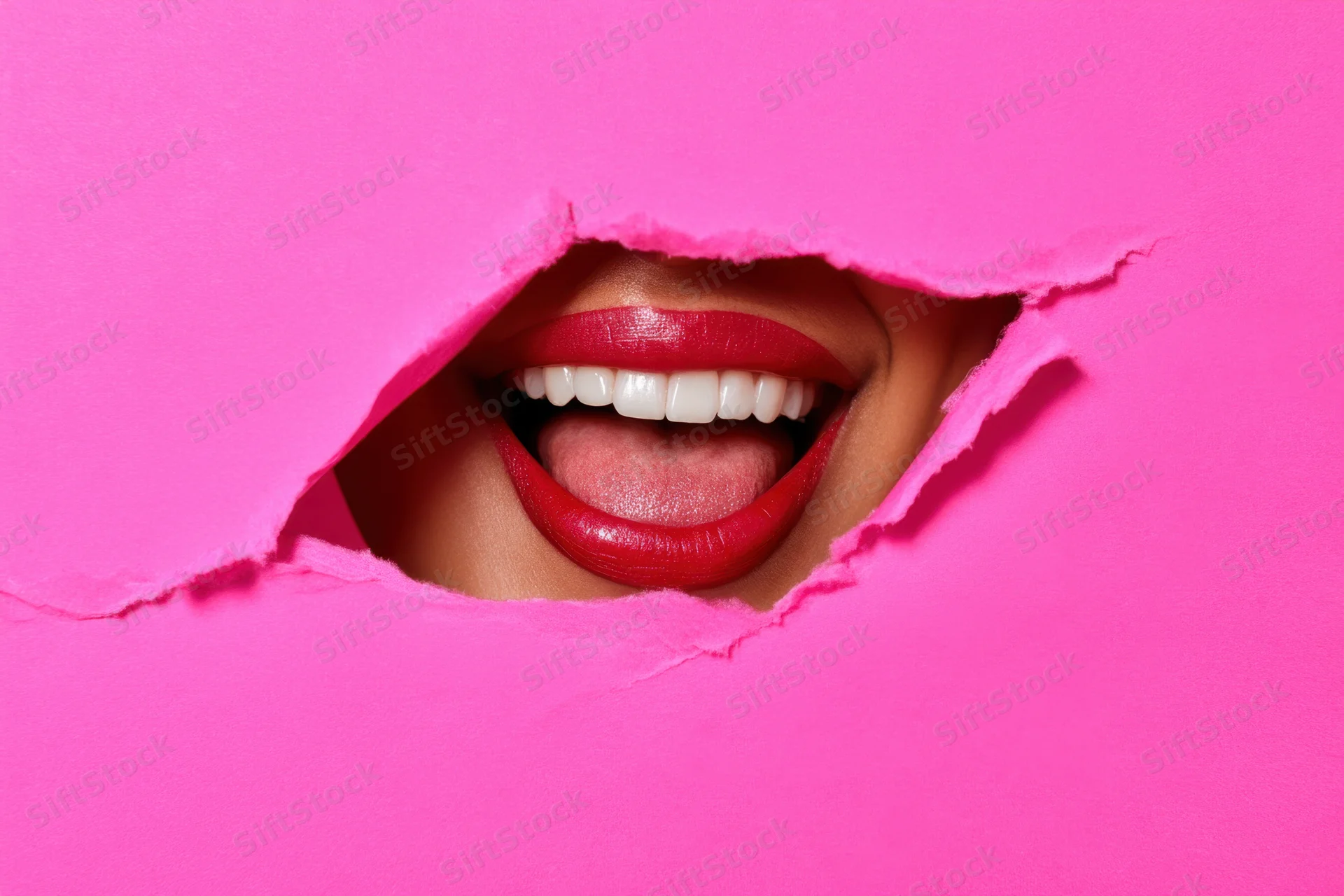 A woman's smiling mouth with red lipstick visible through a torn pink paper hole