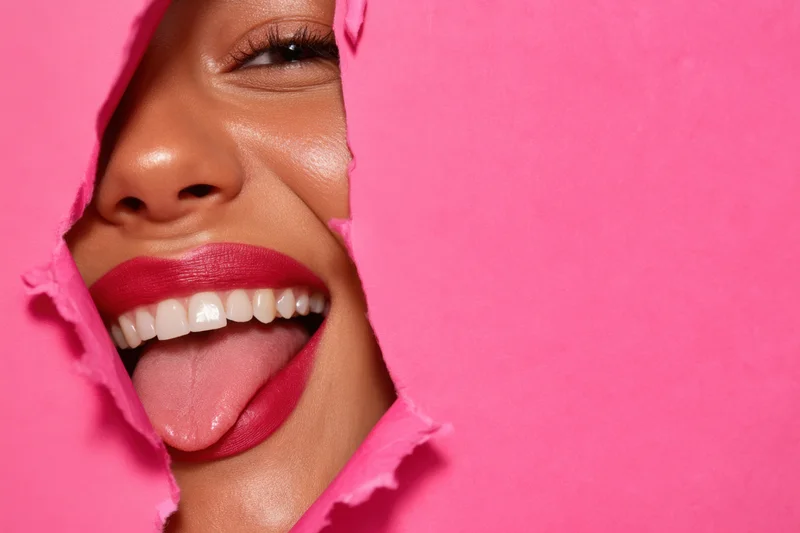 Woman smiling with tongue out through tear in pink paper
