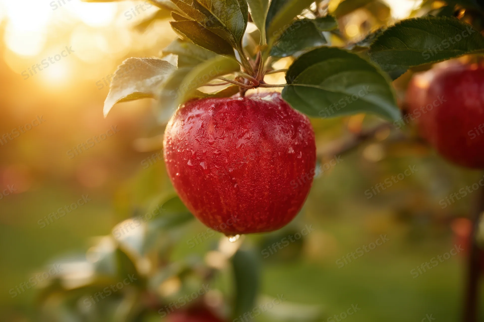 Red apple hanging from a leafy branch in an orchard at golden hour
