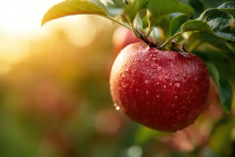 Red apple hanging from a leafy branch in an orchard at golden hour