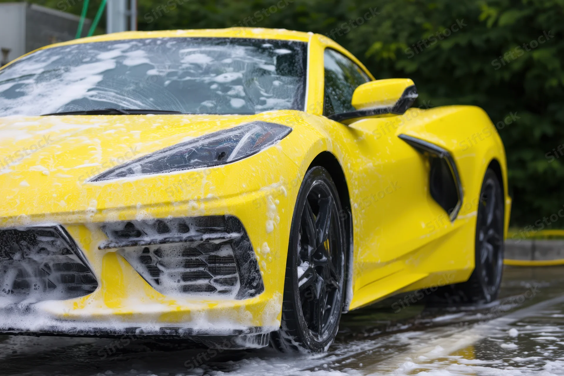 Yellow sports car covered in soap suds during outdoor washing on a wet driveway