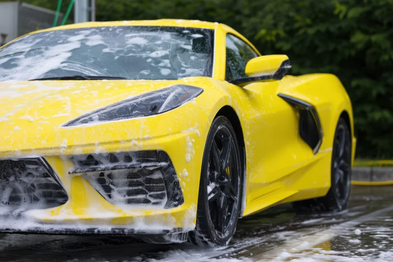 Yellow sports car covered in soap suds during outdoor washing on a wet driveway