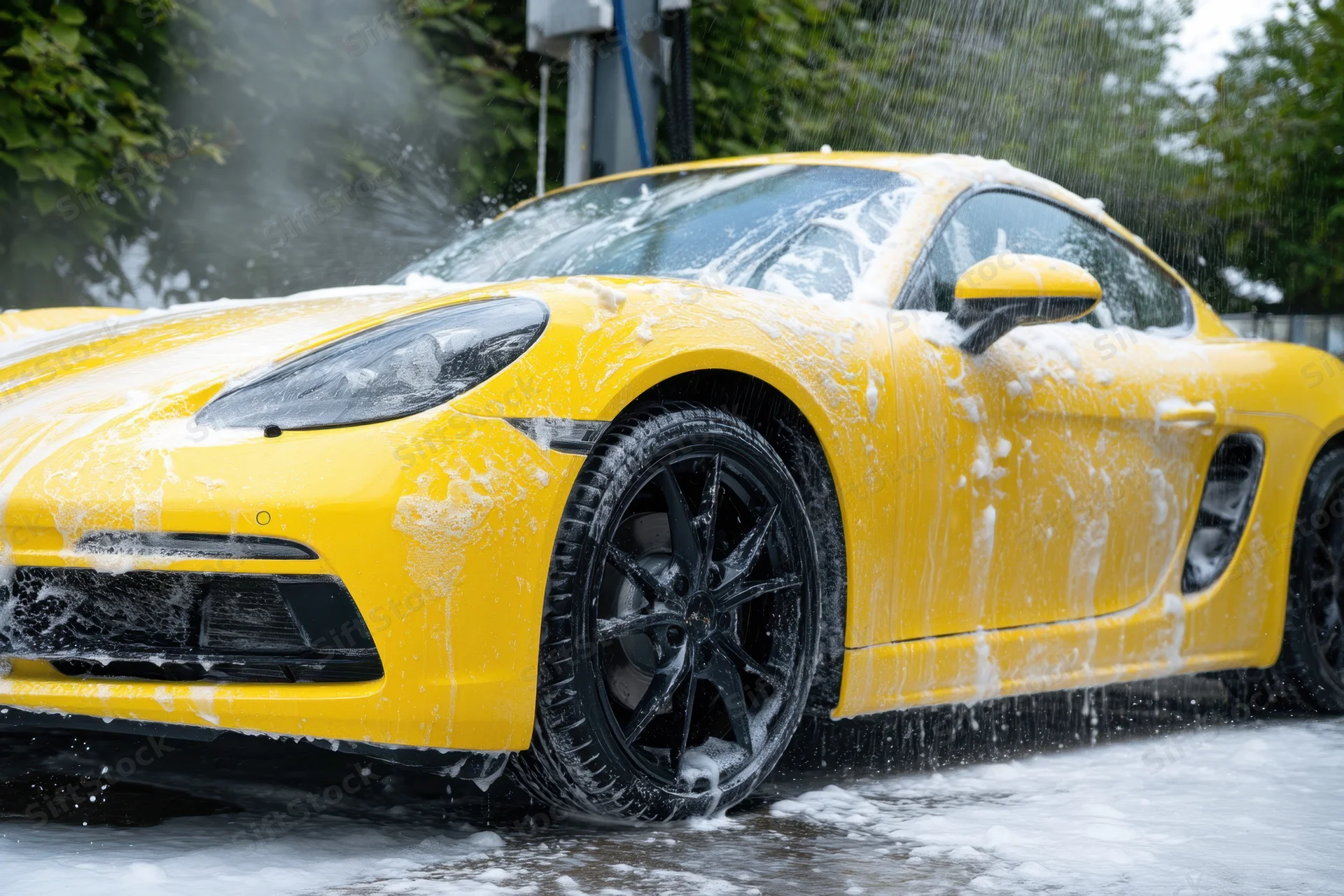 Yellow sports car covered in soap suds during outdoor car wash
