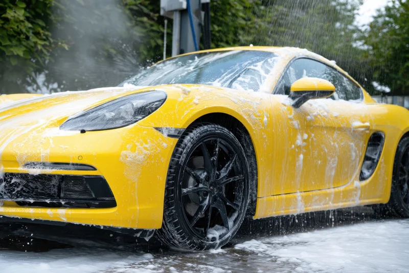 Yellow sports car covered in soap suds during outdoor car wash