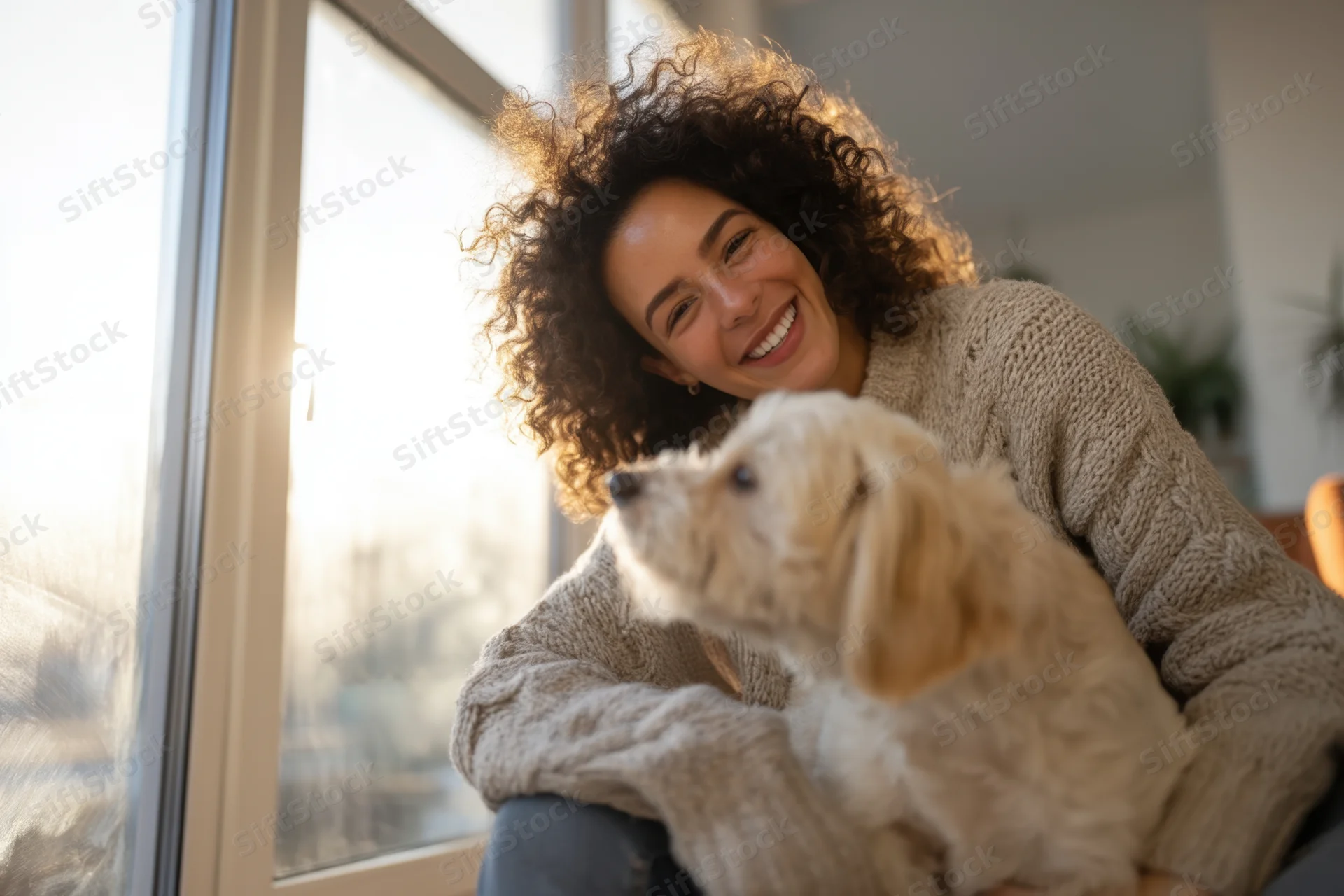 Young woman smiling while holding a small dog near a sunlit window in a cozy home interior