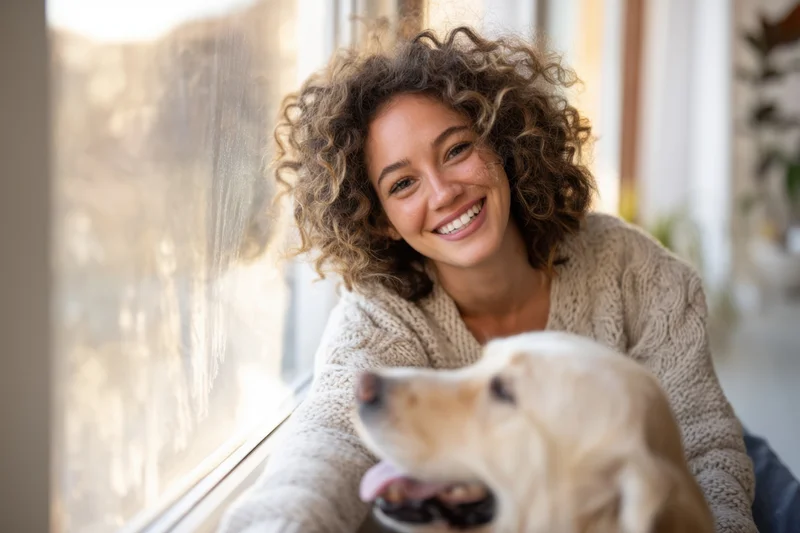Young woman smiling with golden retriever by window in cozy home interior