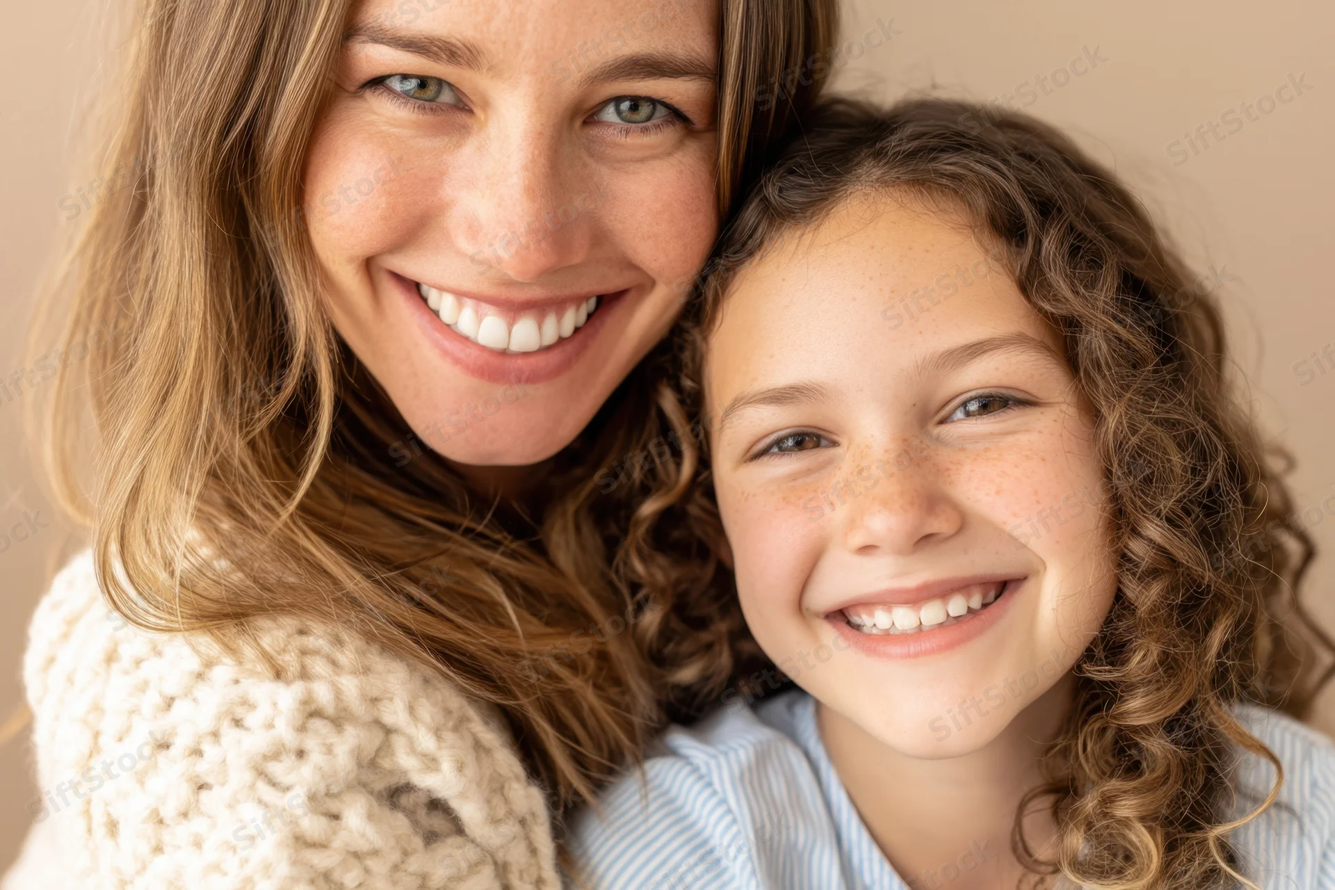 Mother and daughter smiling closely together indoors