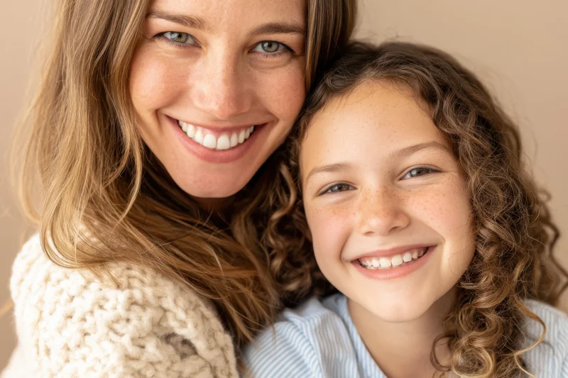 Mother and daughter smiling closely together indoors