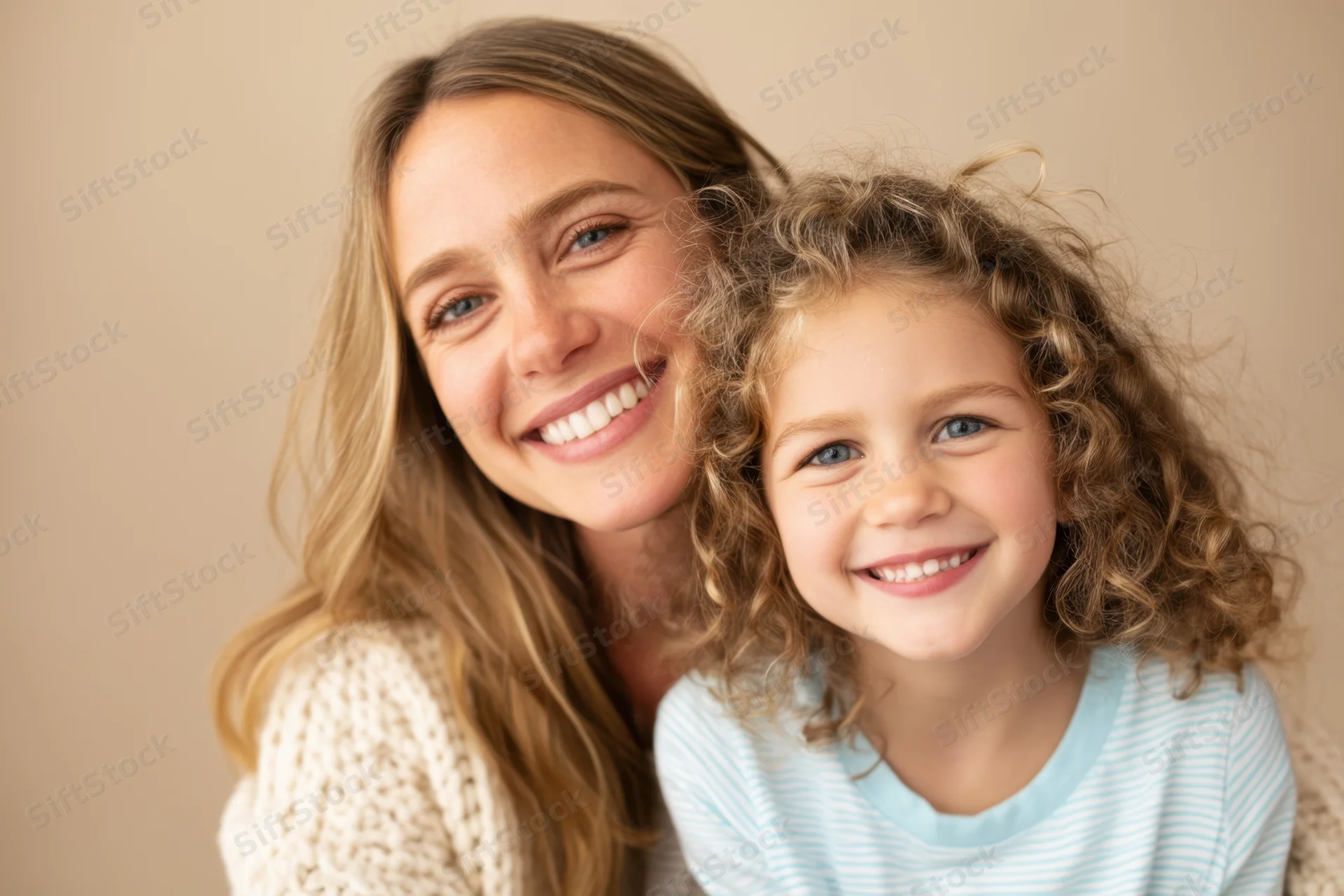 Mother and daughter smiling closely together indoors