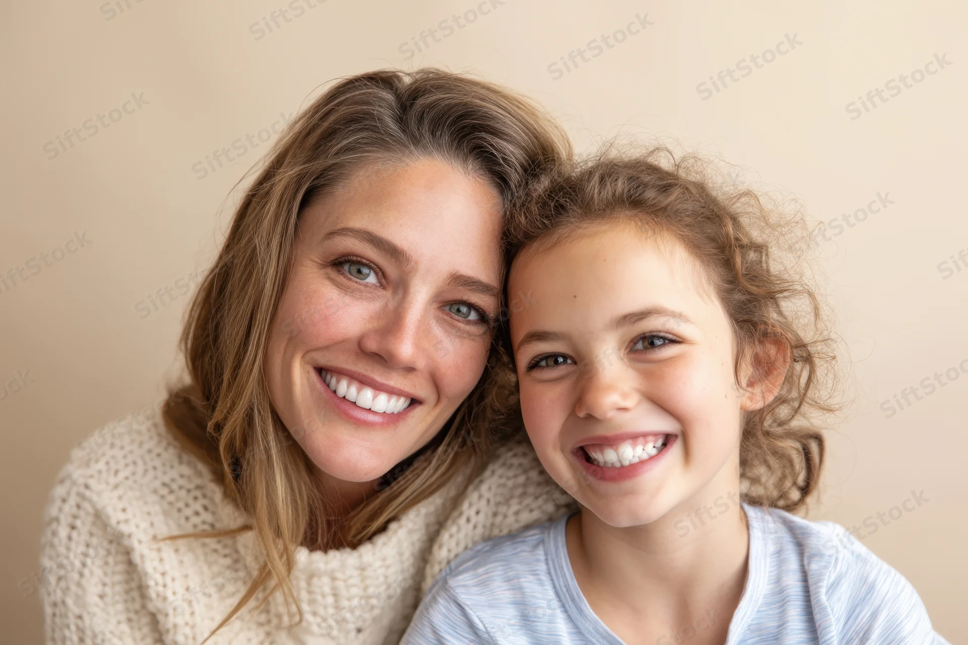 Mother and daughter smiling closely together indoors