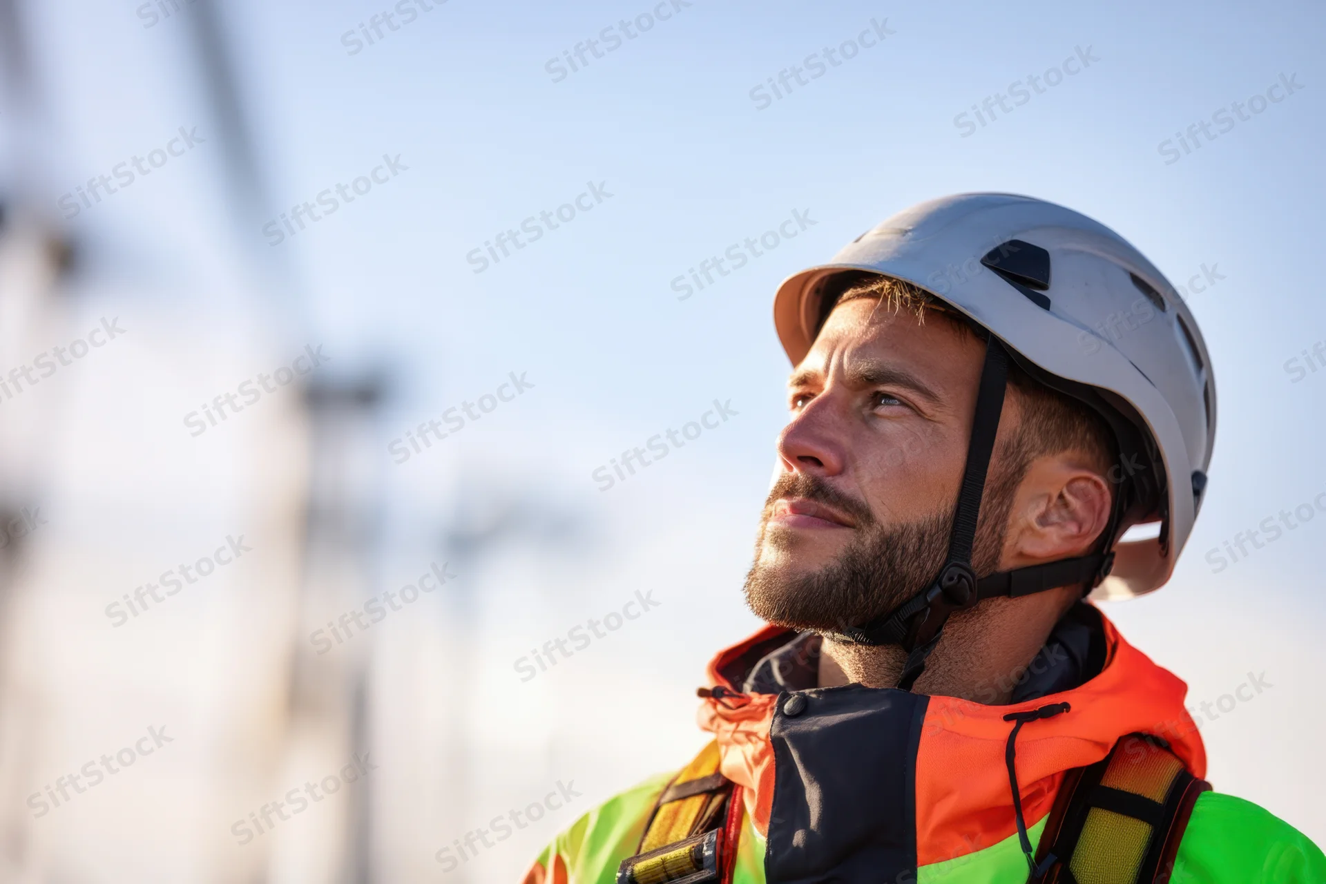 Wind turbine technician in high-visibility gear looking upward at a turbine against a clear sky