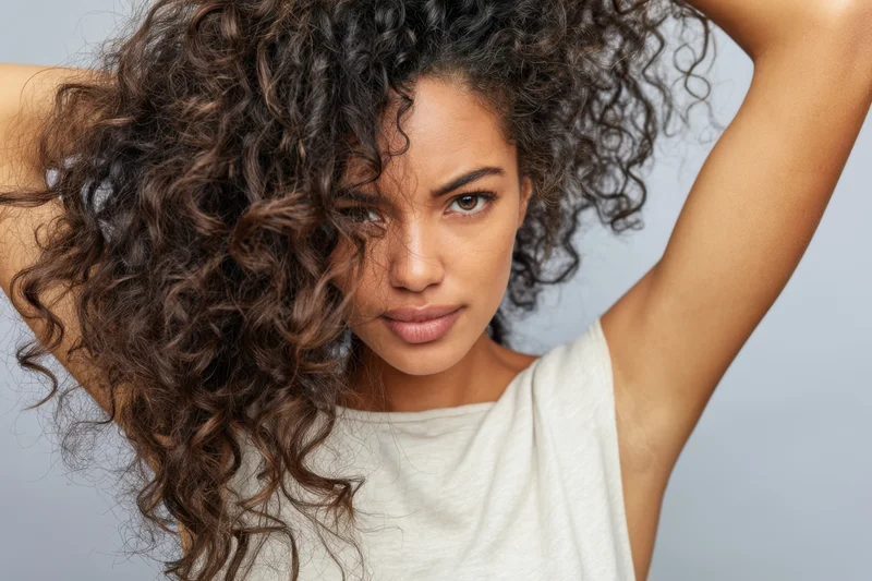 Woman with voluminous curly hair holding it up, studio portrait with neutral expression