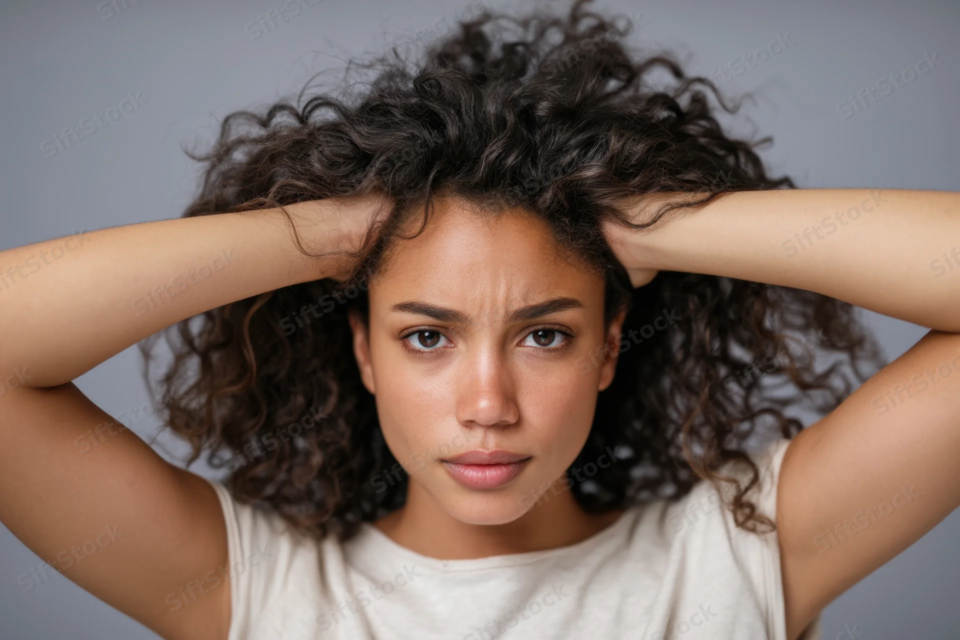 Woman with curly hair holding head in hands showing stressed expression in studio setting