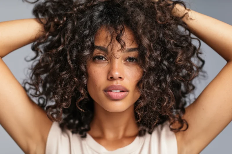 Young black woman with curly hair holding her head in studio portrait
