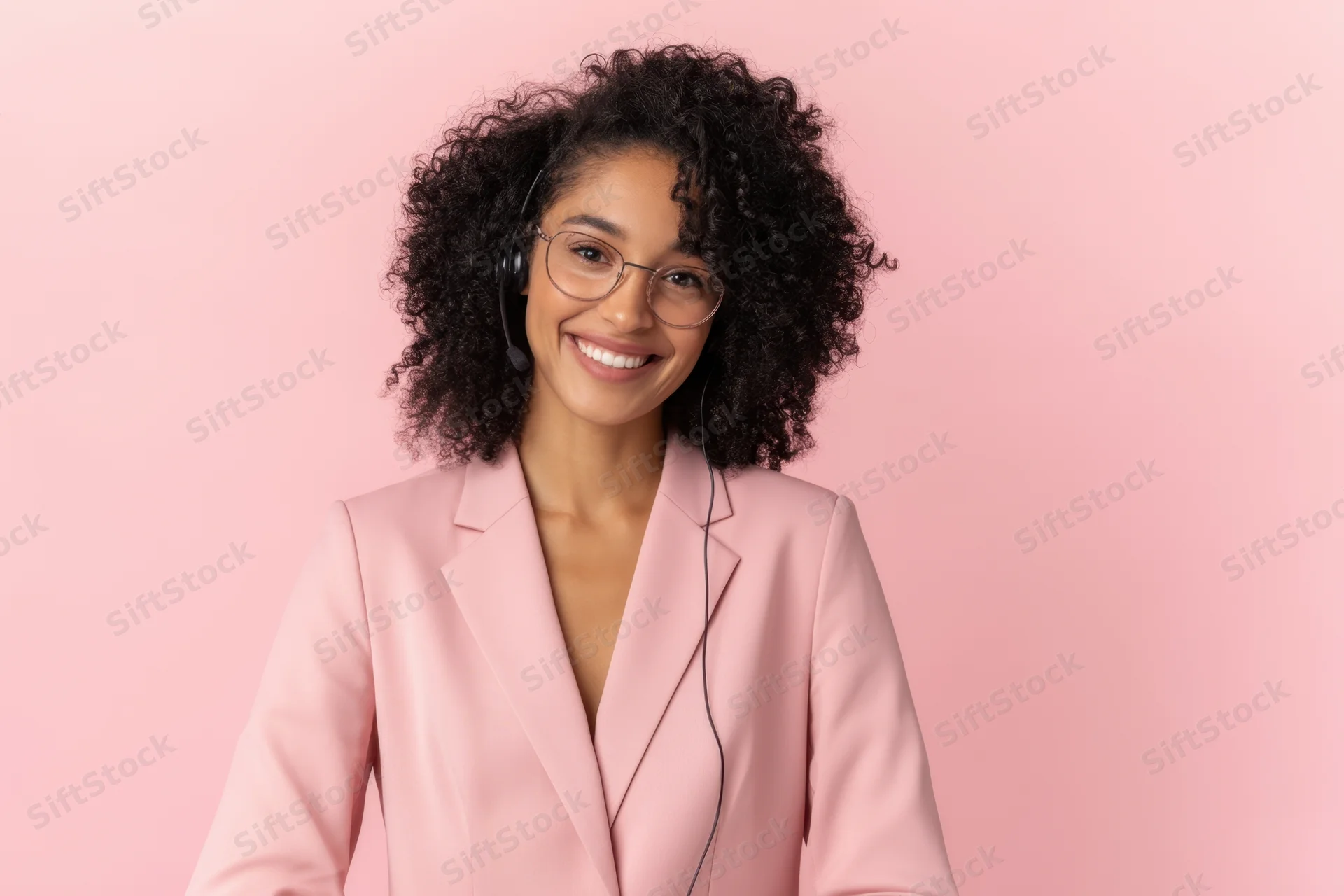 Woman in pink blazer wearing headset smiling at camera against pink background