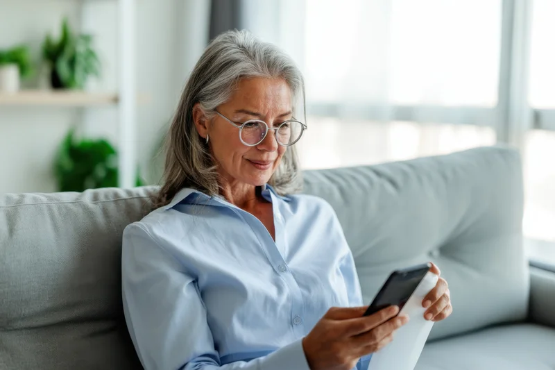 Senior woman sitting on light gray sofa in modern living room using smartphone while smiling