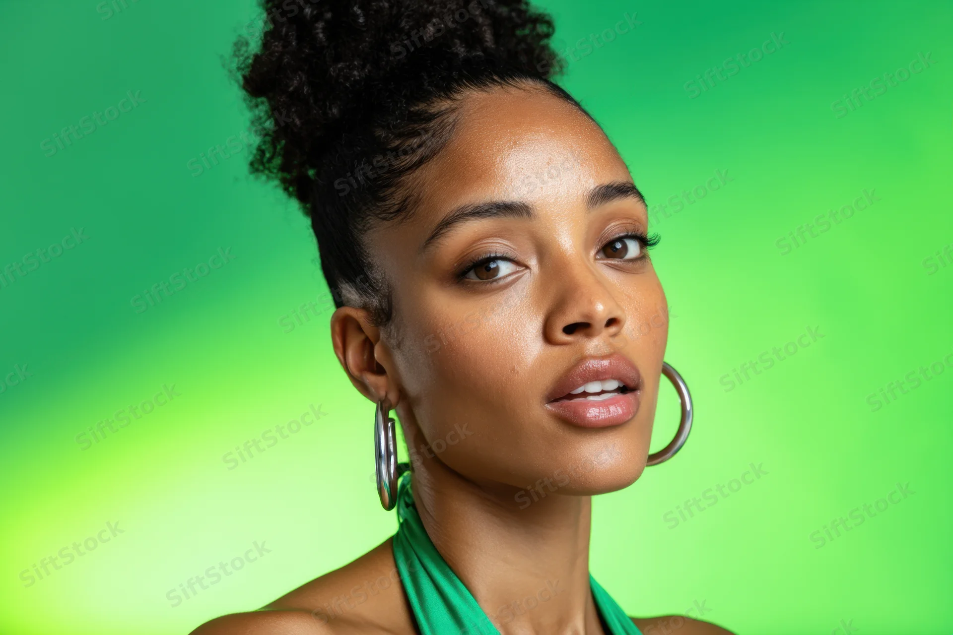 Woman with surprised expression wearing hoop earrings and green halter top against green gradient background