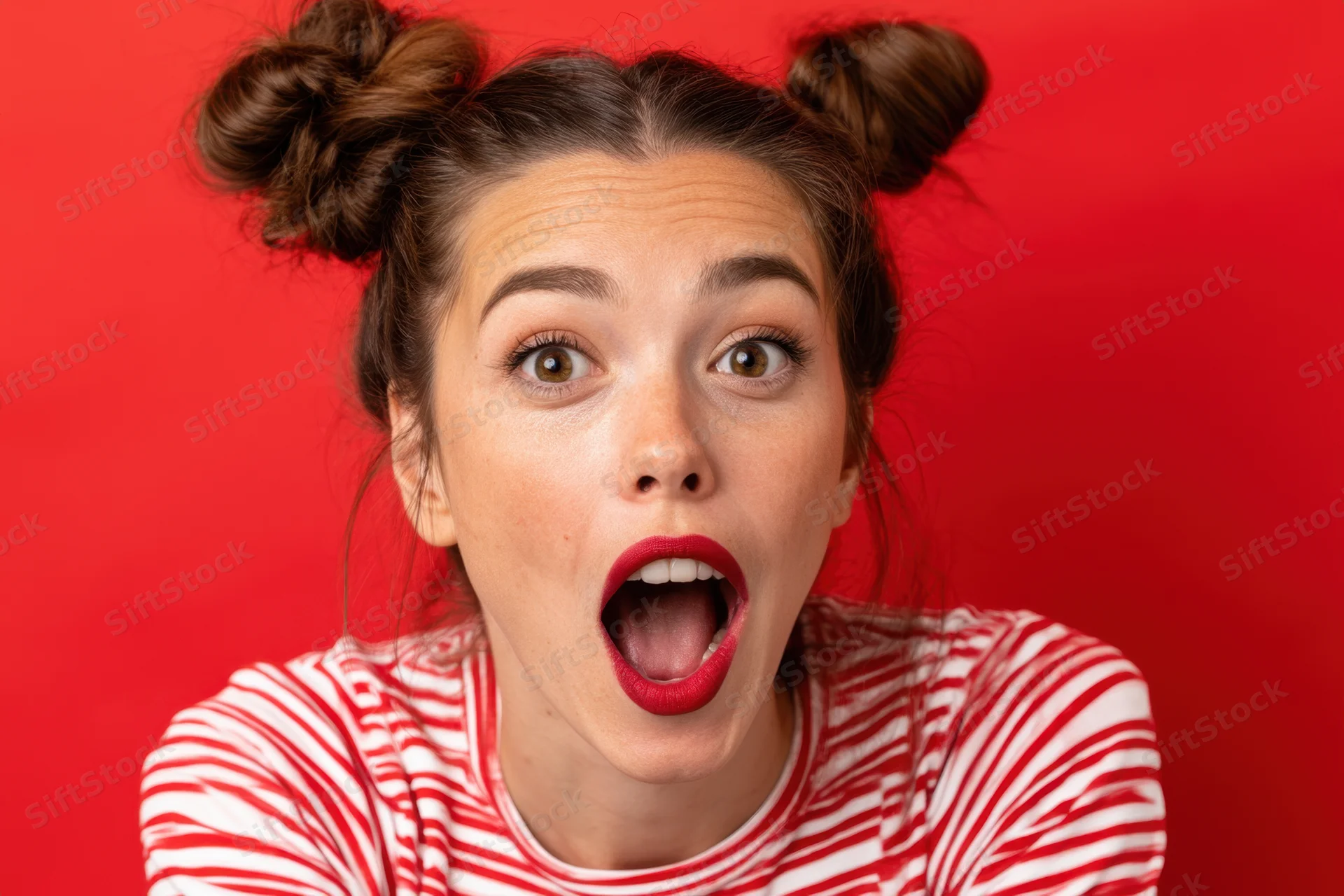 Woman with surprised expression wearing red and white striped shirt against red background