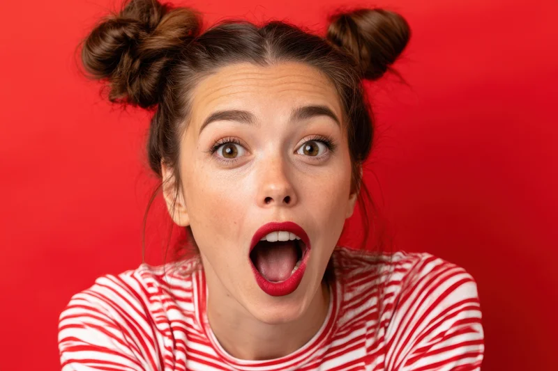Woman with surprised expression wearing red and white striped shirt against red background