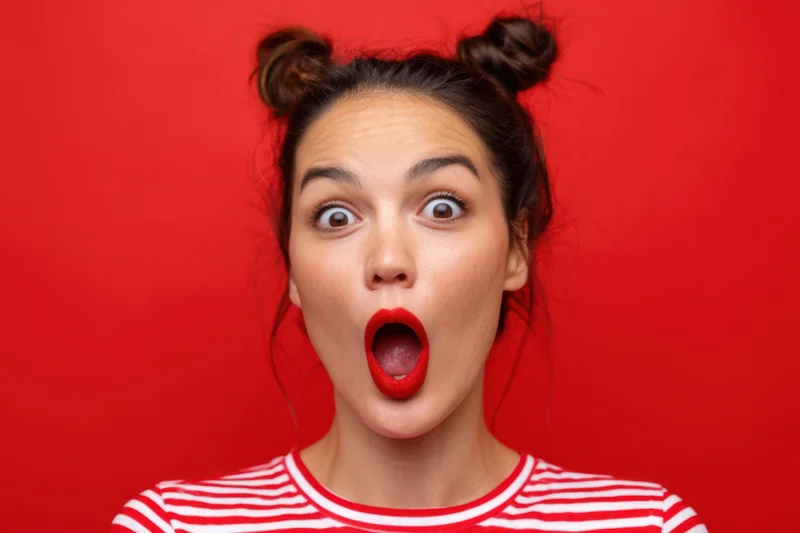 Woman with surprised expression and red lips against red background wearing striped shirt