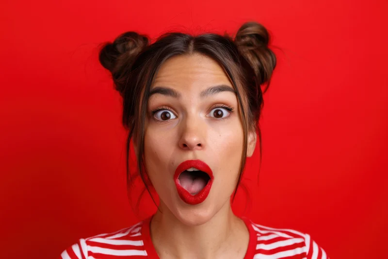 Woman with surprised expression against red background wearing striped shirt and red lipstick