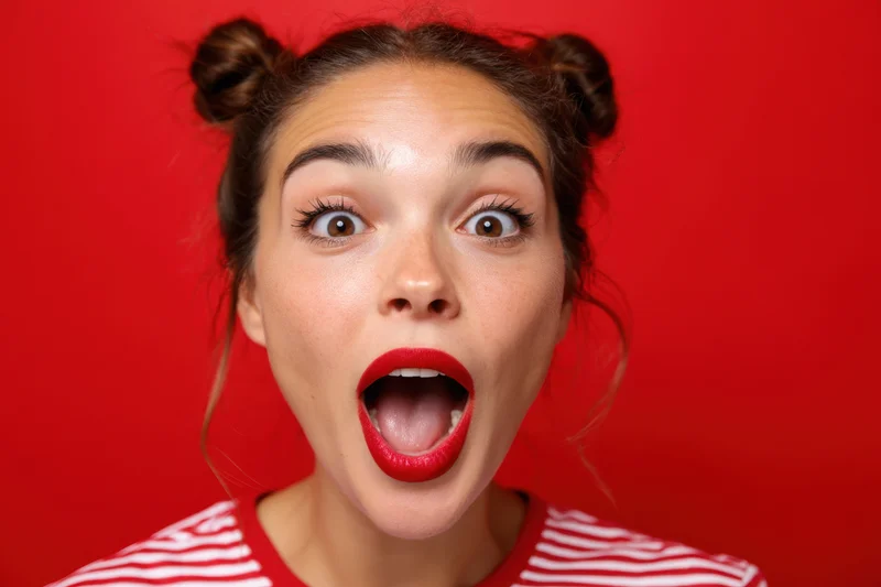 Woman with wide eyes and open mouth showing surprised expression against red background wearing striped shirt