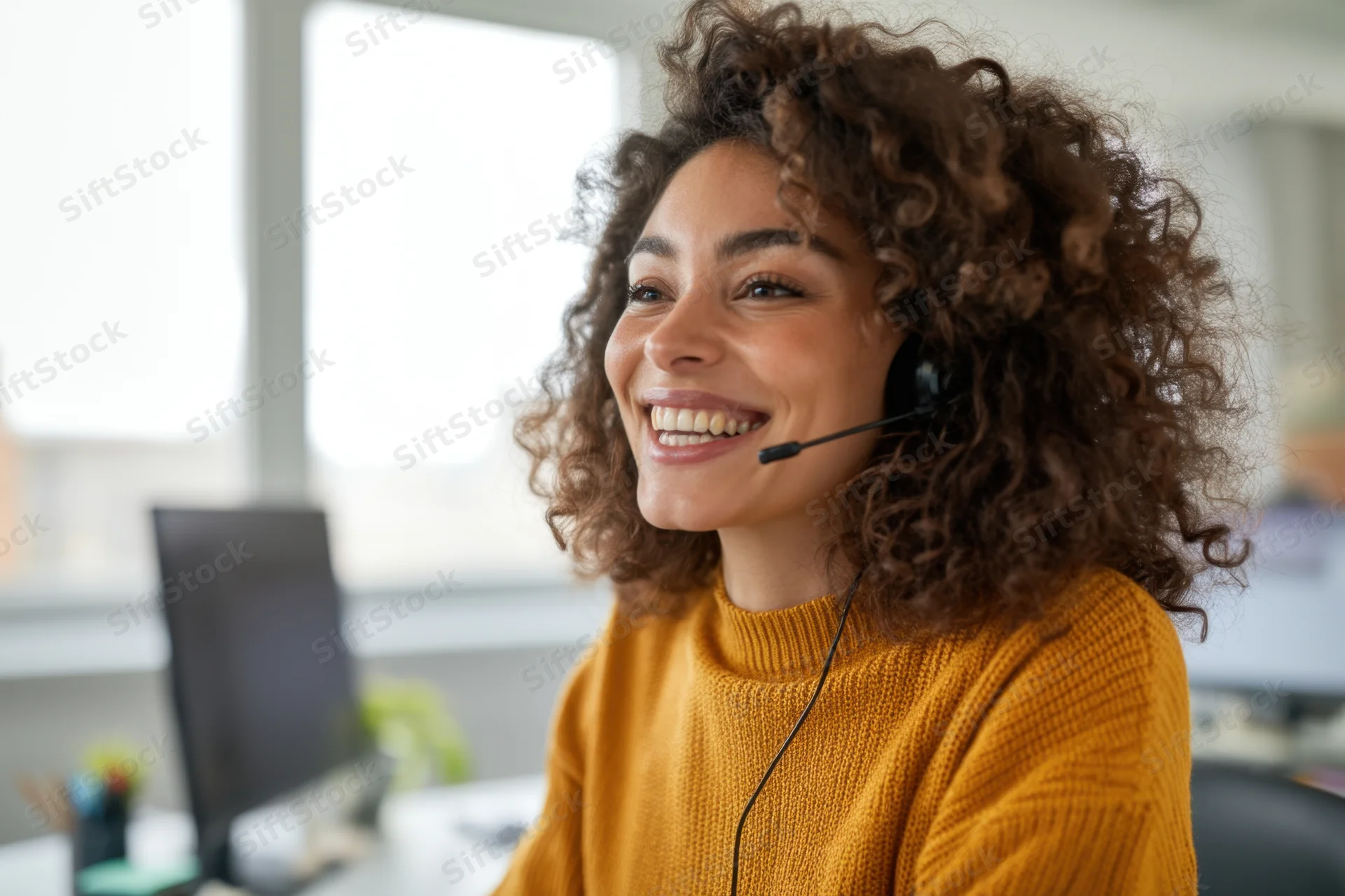 Woman with curly brown hair wearing headset smiling in office workspace