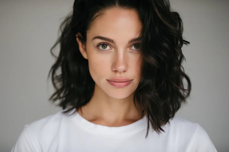 Woman with dark wavy hair and intense expression in white tshirt against plain gray background