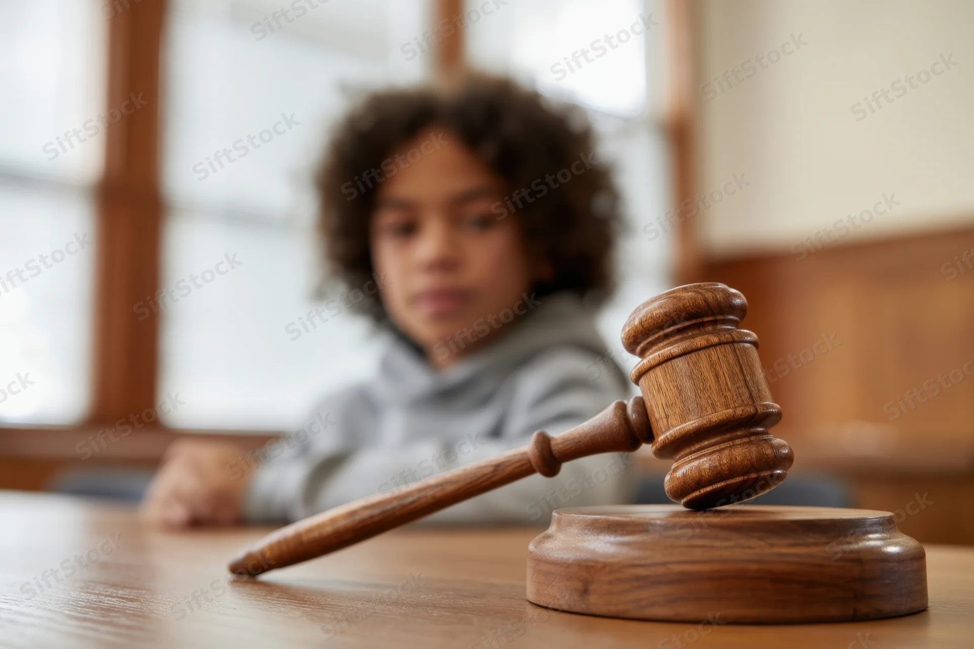 Wooden gavel resting on sound block in courtroom with young boy in background