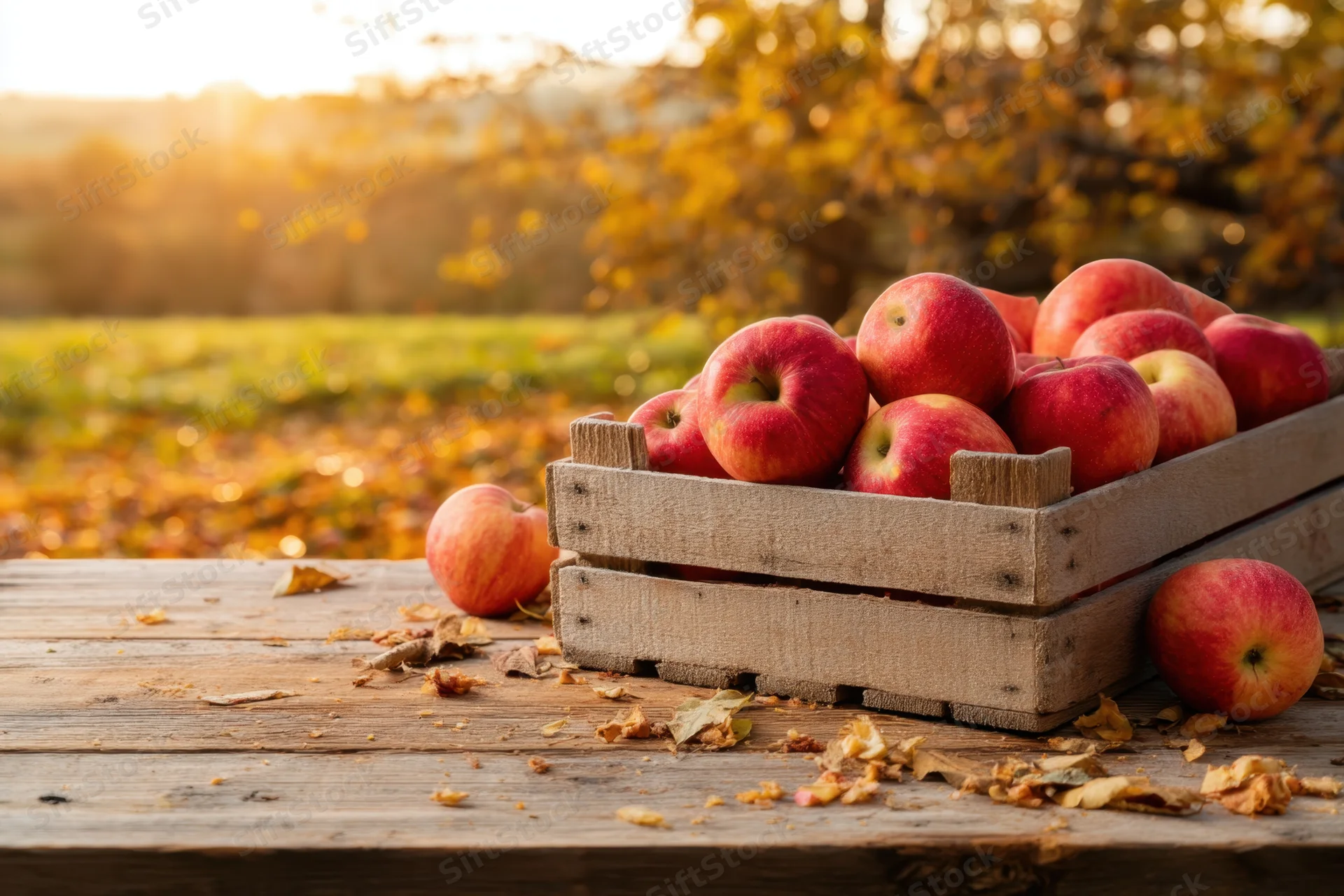 Red apples in a wooden crate on a rustic table outdoors in autumn