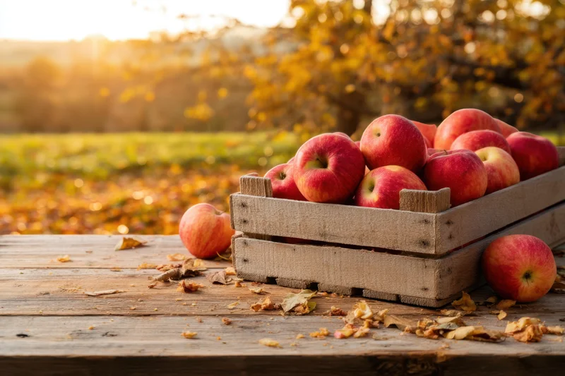 Red apples in a wooden crate on a rustic table outdoors in autumn