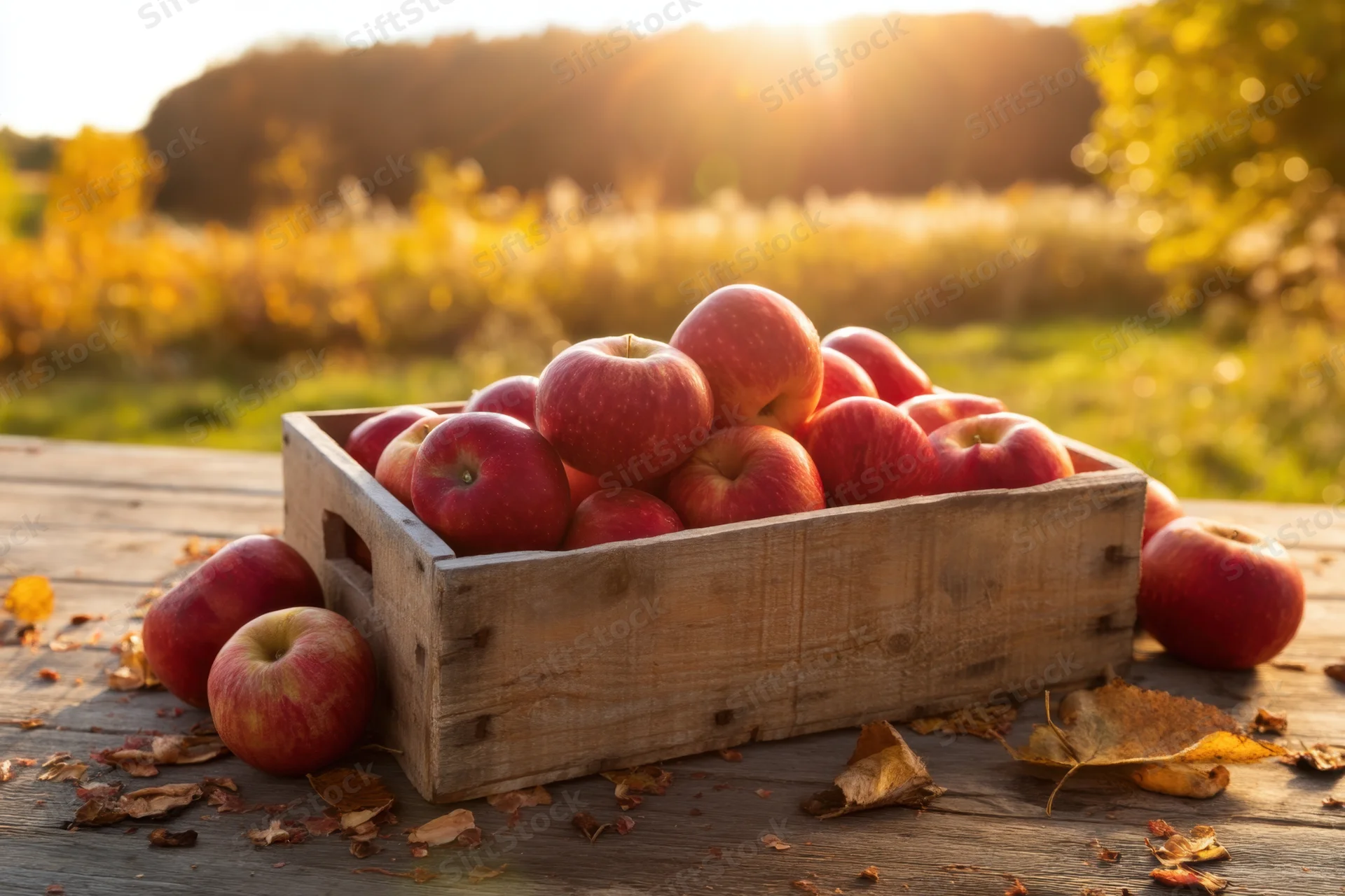 Red apples in a wooden crate on a rustic table outdoors in autumn light